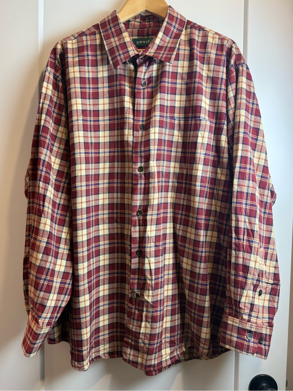 Orvis Red and Cream Plaid Long-Sleeve Button-Down Shirt Cotton&Wool Size XXL
